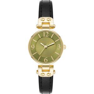Women's Black/Green Domed Mineral Crystal Lens Leather Strap Closure Watch